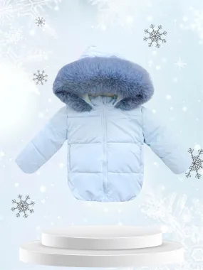 WeeMee Baby Boy Blue Puffer Coat with Faux Fur Hood