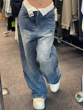 Wenkouban Foldable waist boyfriend jeans with patchwork