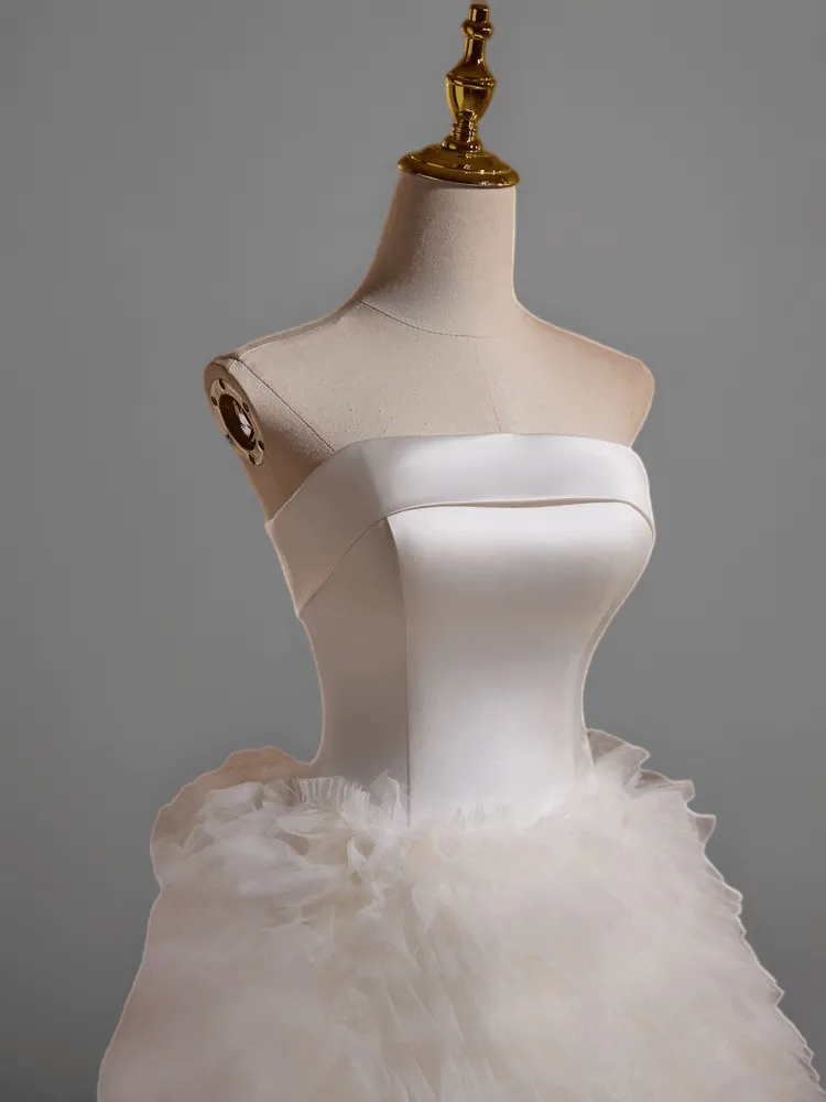 White Layered Tulle Ruffle Dress and Strapless Tea Length Bridal Dress - Elegant Corset Wedding Gown Plus Size