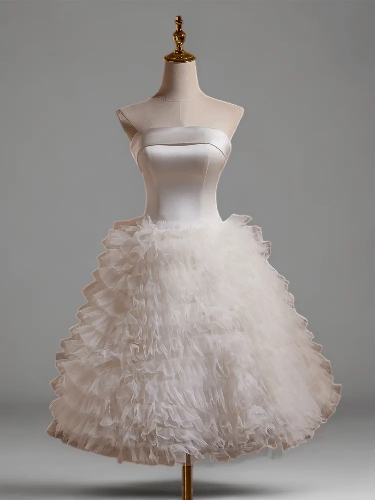 White Layered Tulle Ruffle Dress and Strapless Tea Length Bridal Dress - Elegant Corset Wedding Gown Plus Size
