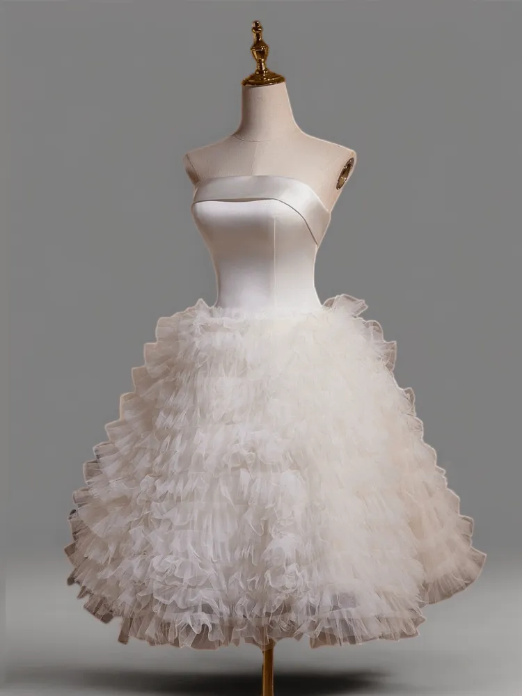 White Layered Tulle Ruffle Dress and Strapless Tea Length Bridal Dress - Elegant Corset Wedding Gown Plus Size