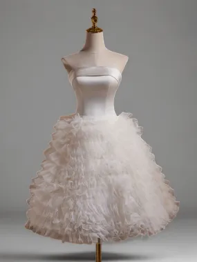 White Layered Tulle Ruffle Dress and Strapless Tea Length Bridal Dress - Elegant Corset Wedding Gown Plus Size