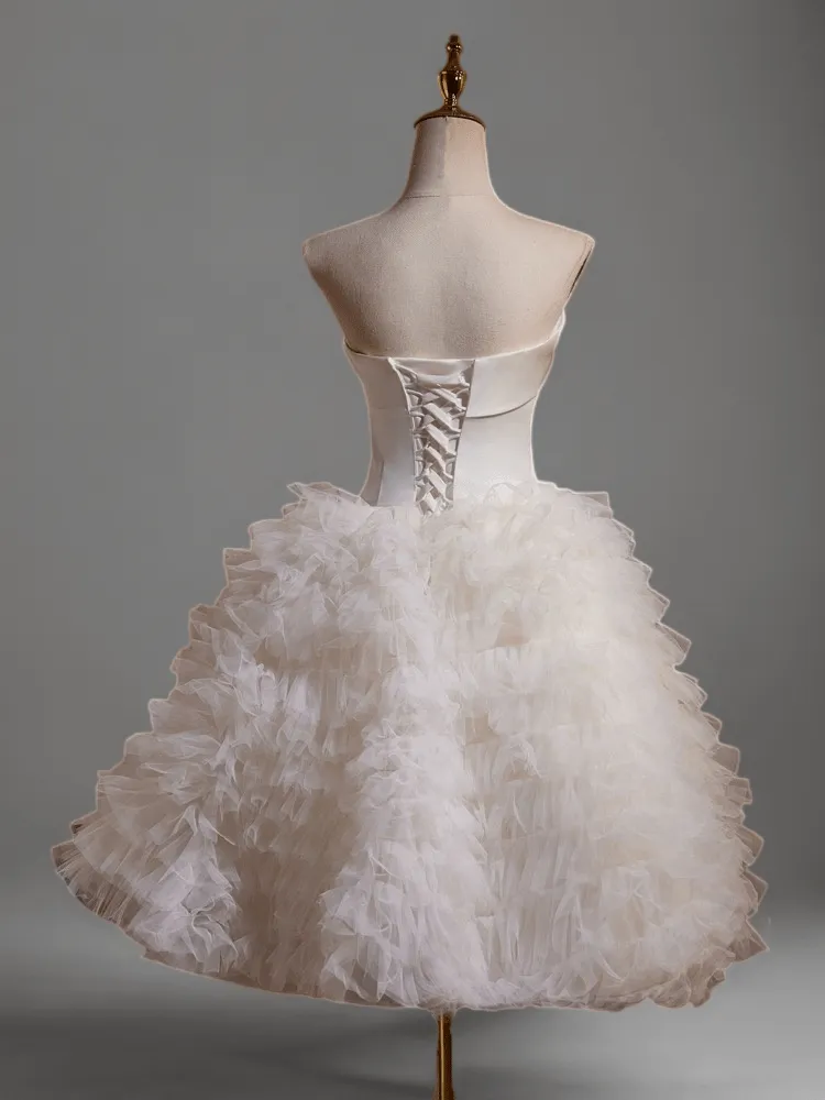 White Layered Tulle Ruffle Dress and Strapless Tea Length Bridal Dress - Elegant Corset Wedding Gown Plus Size