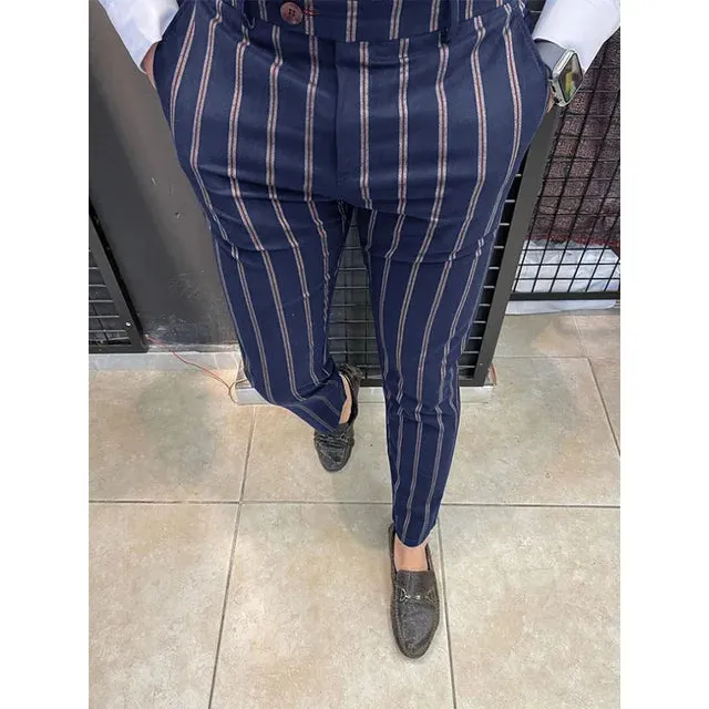 Wiaofellas Spring New Fashion Men's Stripe Casual Trousers Pocket Slim Pants Daily Trend Business Style Pants Male Clothing Pants