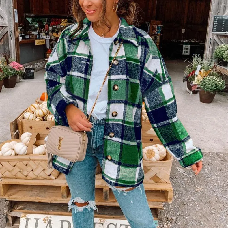 Women color block turn-down collar long sleeve plaid coat