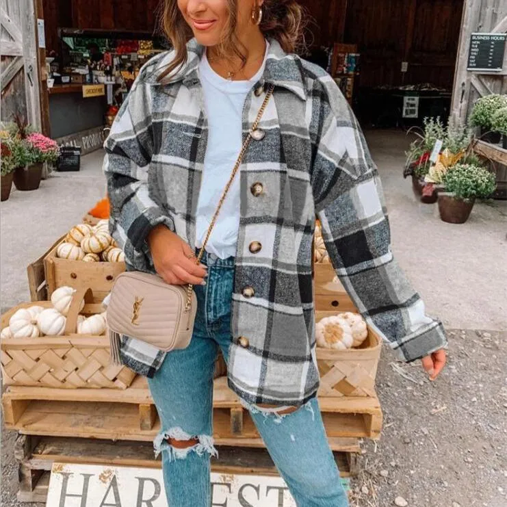 Women color block turn-down collar long sleeve plaid coat