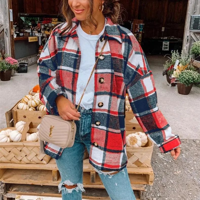 Women color block turn-down collar long sleeve plaid coat
