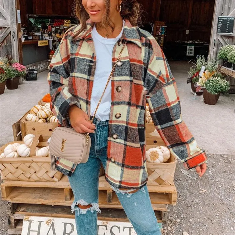 Women color block turn-down collar long sleeve plaid coat