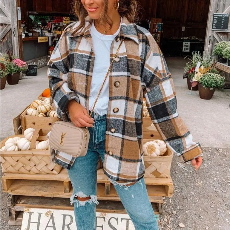 Women color block turn-down collar long sleeve plaid coat