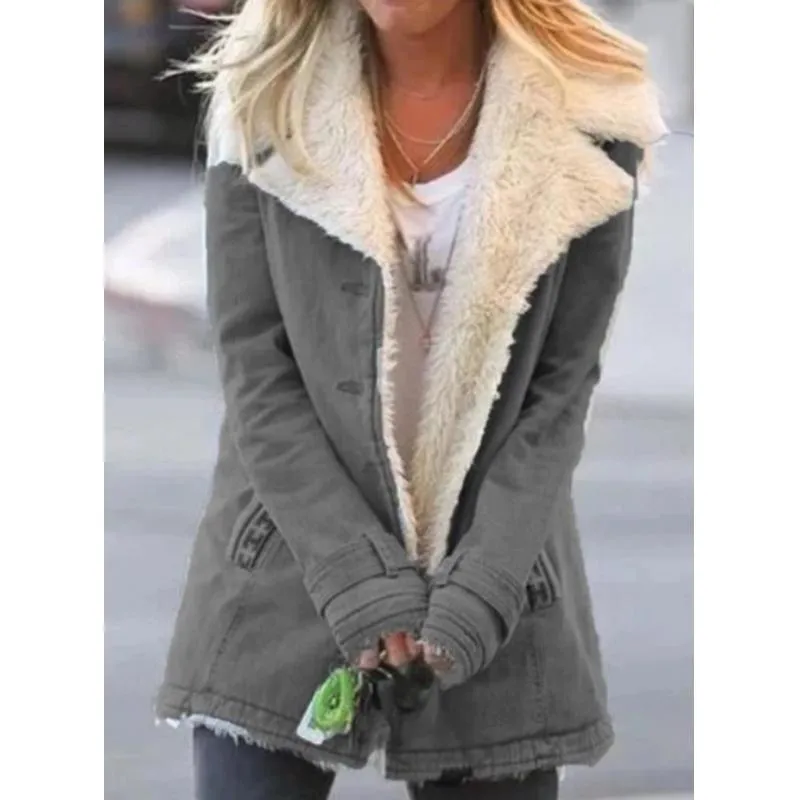 Women faux fur turn-down collar winter coat jacket