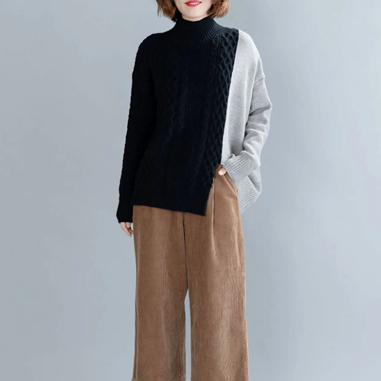 Womens Color Block Cable Knit Sweater