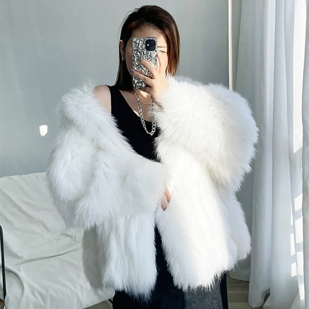 xakxx High Quality Luxury Faux Fur Coats Women Loose Hooded Fox Fur Jacket Fashion Warm Thick Coat Girl Winter Fluffy Furry Fur Jacket