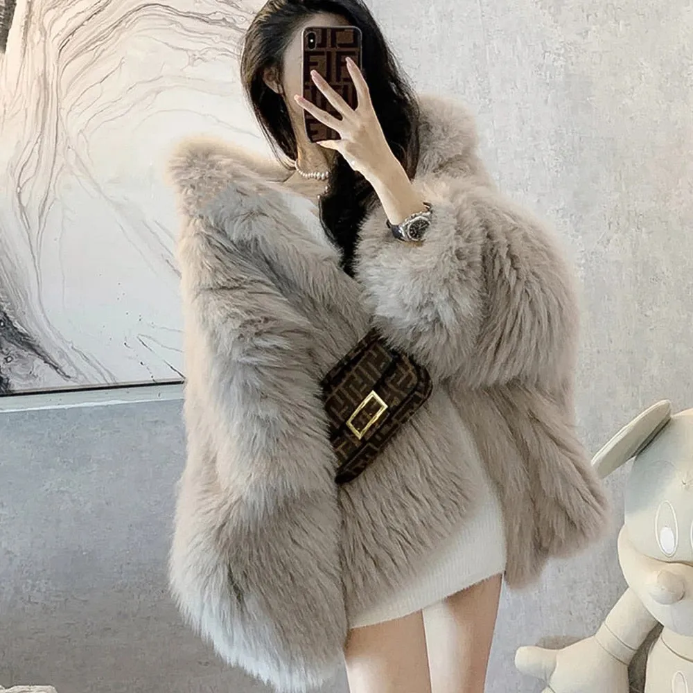 xakxx High Quality Luxury Faux Fur Coats Women Loose Hooded Fox Fur Jacket Fashion Warm Thick Coat Girl Winter Fluffy Furry Fur Jacket