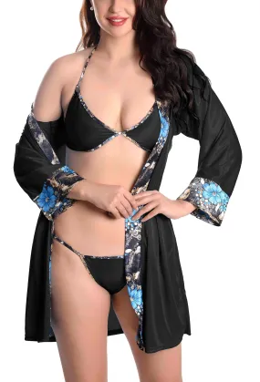 Xs and Os Women's Satin Nightwear Robe with Bra Panty Set
