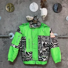 zebra printed ski jacket neon green