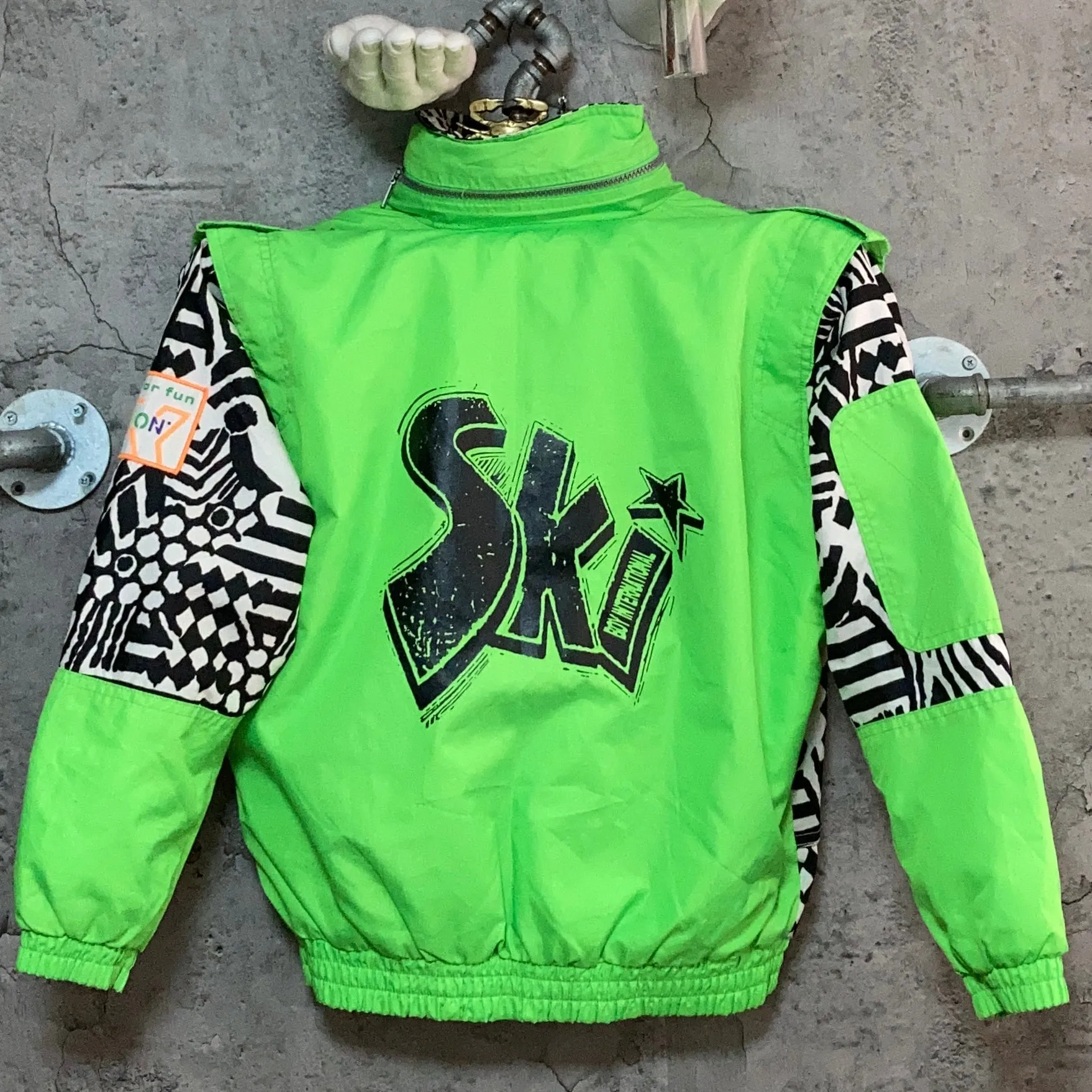 zebra printed ski jacket neon green