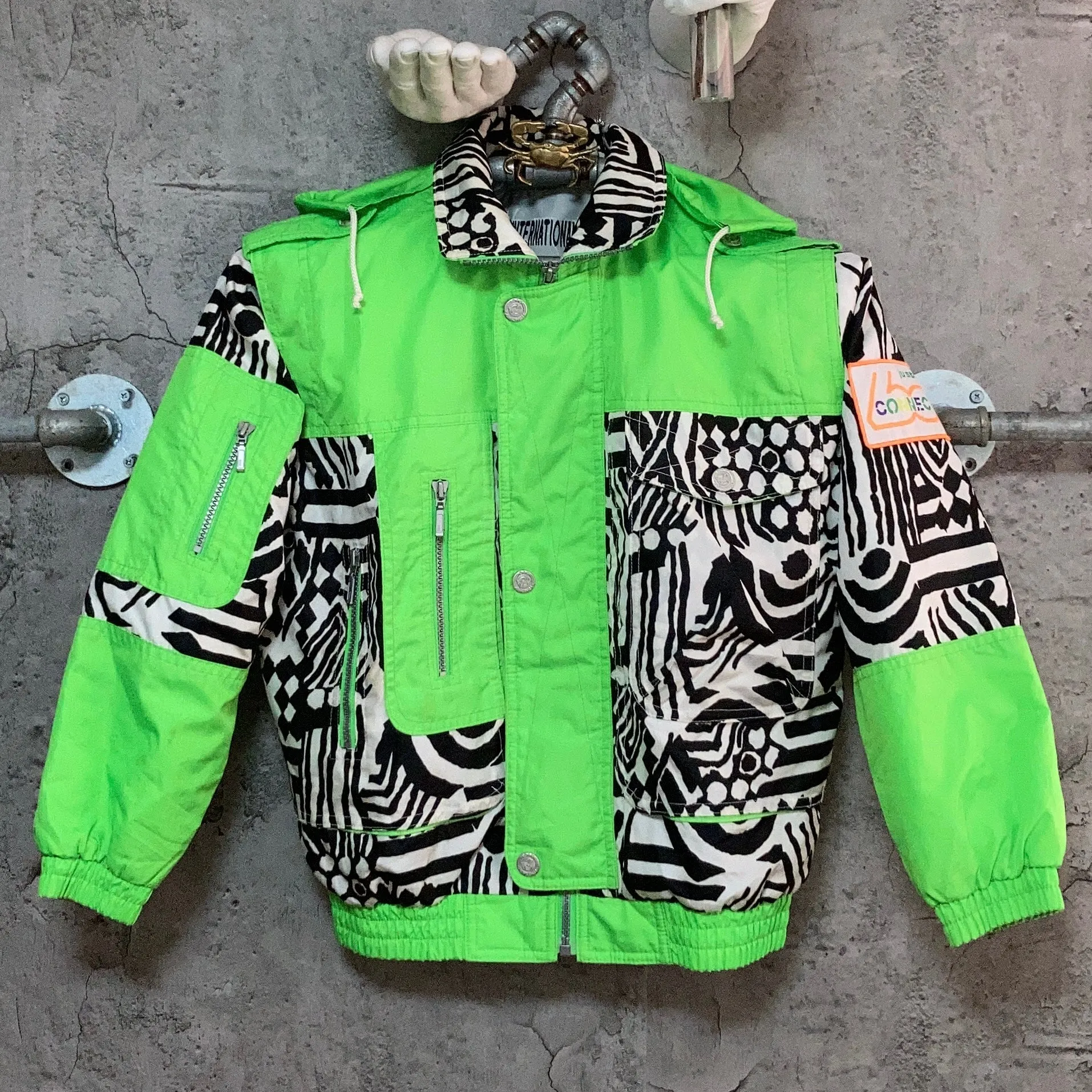 zebra printed ski jacket neon green