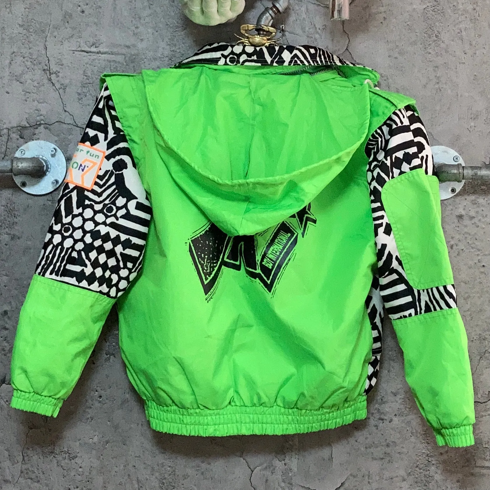 zebra printed ski jacket neon green