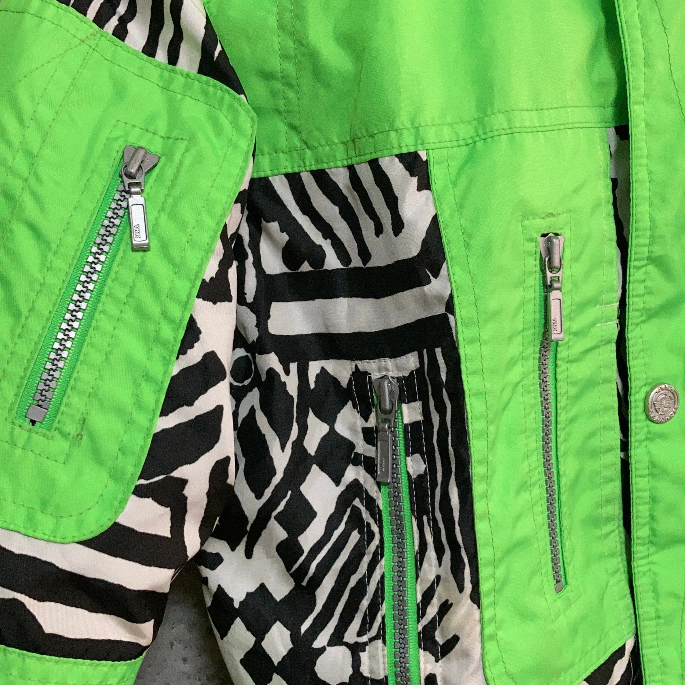 zebra printed ski jacket neon green
